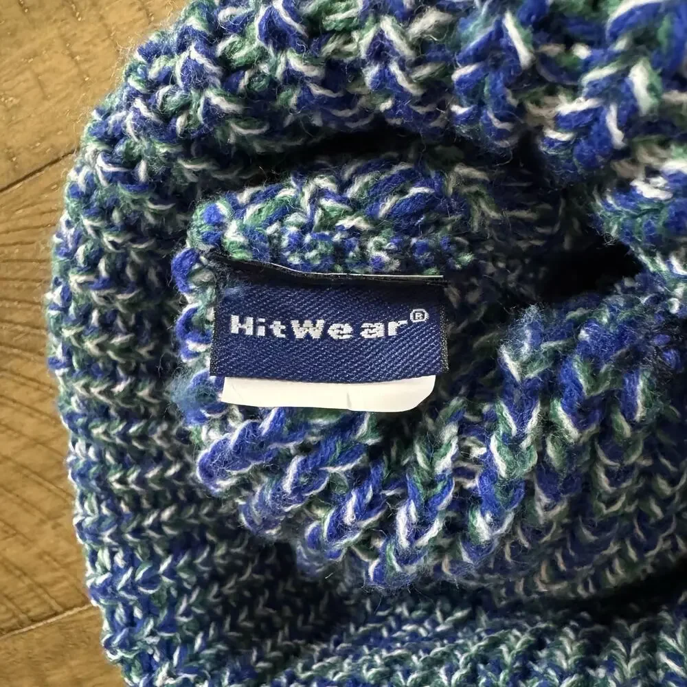 Nucor Steel Pom Beanie Blue Green Knit Cuffed Hat Acrylic